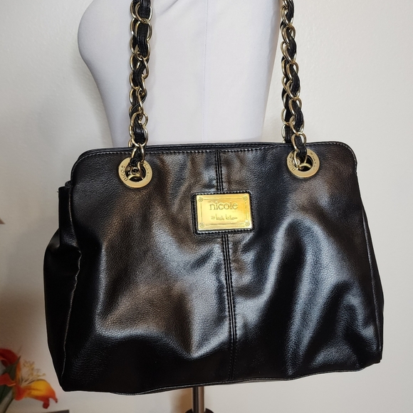 Nicole Miller Chain Tote Shoulder Bag PU Leather Purse Black Gold Vegan - Picture 11 of 14